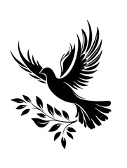 Obraz premium Elegant Flying Dove Silhouette with Olive Branch for Tattoos or Decorative Art