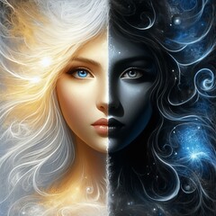 Fototapeta premium Inner Light and Dark Duality: Metaphorical Girl Portrait Harmony