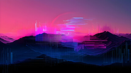 Pixelated Mountain Landscape With Digital Art Style Featuring Purple Blue And Pink Sunset Sky With Technology Overlay