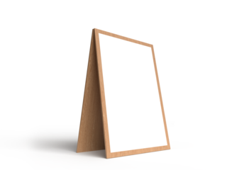 Realistic 3D standing wood folding sandwich board mockup. Blank portable template vertical placard sign for welcome sign, greeting, banner, events, ads, showcase, sidewalk or caution sign