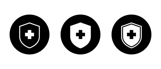 Medical, health shield icon set on black circle. Healthy badge sign symbol