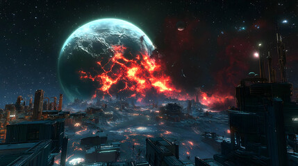 Fototapeta premium Vibrant Sci Fi Cityscape with Giant Fiery Planet in Dark Space and Starry Night Sky