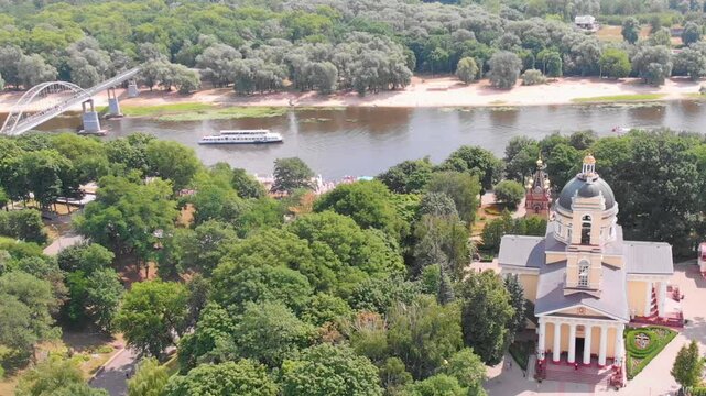 Gomel, Belarus. Church of Peter And Paul Cathedral In City Park with the Sozh River in the background