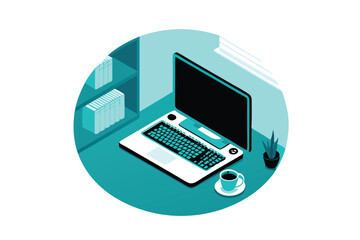 Create a minimalist isometric illustration of a modern home office setup, featuring a desk, chair, computer, and plants.  Focus on clean lines and geometric shapes.