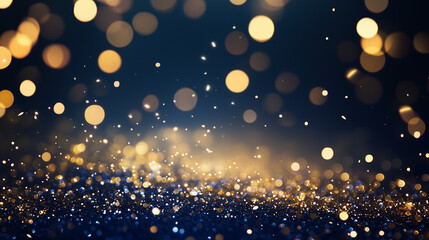Obraz premium Magic night dark blue frame with sparkling glitter bokeh and light art. Gold confetti