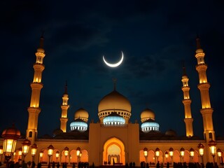 Mesmerizing Night Mosque Scene with Glowing Lanterns & Crescent Moon for Eid.