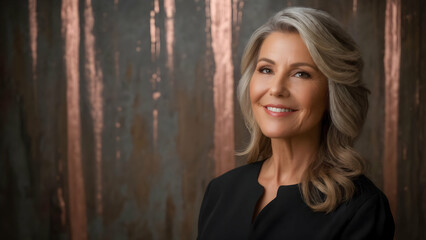 Fototapeta premium Flawless Beauty Through a 50mm Lens: A Woman in Her Mid-40s, Radiant Line-Free Skin on Textured Rustic Wood with Faint Rose-Gold Streaks