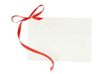 blank christmas gift card with red ribbon bow isolated on white or transparent png