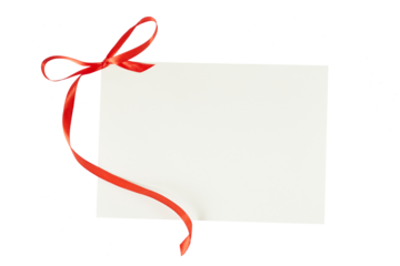 blank christmas gift card with red ribbon bow isolated on white or transparent png