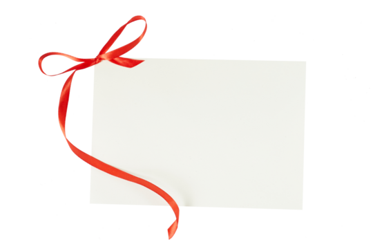 blank christmas gift card with red ribbon bow isolated on white or transparent png