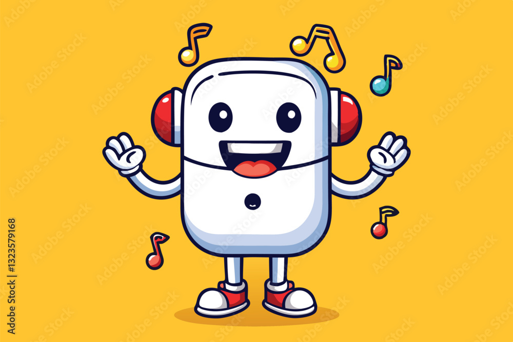 Poster cheerful cartoon character with headphones dancing joyfully on bright yellow background with musical