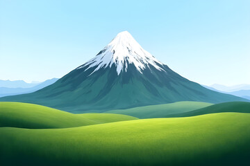 Naklejka premium Mount Fuji towering over rolling green hills under blue sky