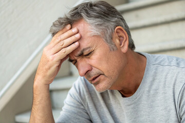 Fototapeta premium Tired, middle-aged man with headache, eyestrain, and stiff shoulders. Fatigue, exhaustion. Full body wounds.