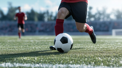 Fototapeta premium young soccer player kicking ball close—up legs