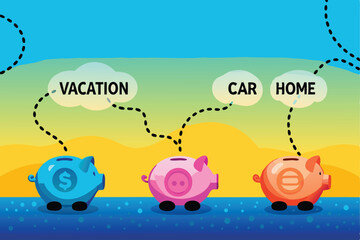 Illustration of interconnected piggy banks representing diverse financial goals, linked by dotted lines; emphasizing saving and investment strategies.