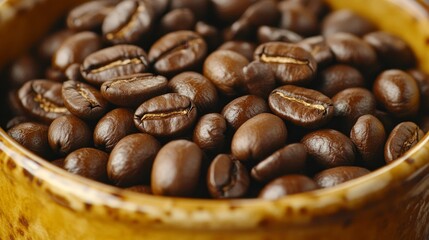 Fototapeta premium Aromatic Brown Coffee Beans in Rustic Bowl Close-Up for Food Background, Ingredient, or Recipe.