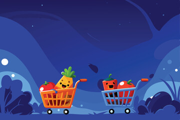 Create a playful, cartoon-style illustration of a supermarket scene featuring anthropomorphic grocery items engaging in fun activities.