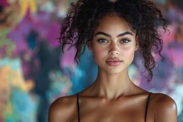 A glamorous supermodel posing in a vibrant full-body portrait. She exudes elegance and confidence, commanding attention with her striking presence.