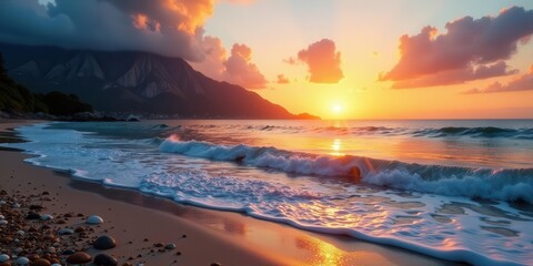 Serene Coastal Sunset Waves Gently Kissing the Sandy Shore Under a Vibrant Sky