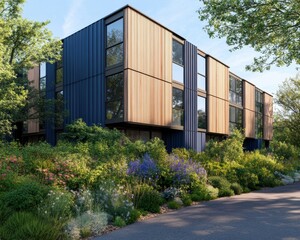 Obraz premium Innovative Modular Living Sustainable Prefab Container Homes Redefining Urban-Nature Residential Design with Biophilic Architectural Integration