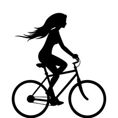 Fototapeta premium Silhouette of Woman Riding Bicycle with Flowing Hair Vector Illustration