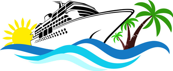Cruise ship on blue waves, yellow sun and green palm trees © john1179