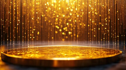 Golden Platform And Light Display Is Illuminated With Sparkling Effects