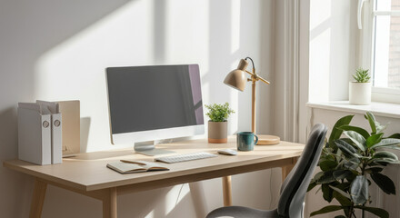 Minimalistic home office setup with desktop computer, plants, and natural light