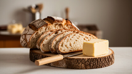 Rustic Sourdough Bread and Butter on a Wooden Board