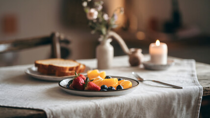 Minimalist Breakfast Setup with Fresh Fruits and Toast