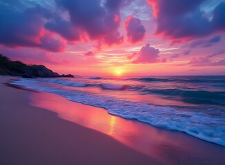 Vibrant beach sunset with gentle waves, colorful pink, orange and purple sky with serene ocean reflections. Tropical beach at dusk, gentle shoreline waves