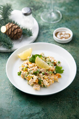 Traditional Russian salad with chicken fillet