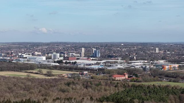 Stevenage UK city landscape aerial view heading towards GSK industrial pharmaceutical facility