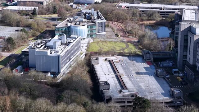 GSK aerial view across Stevenage industrial pharmaceutical facility offices in the UK