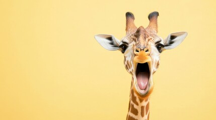 Obraz premium A Giraffe's Vocal Expression: A captivating, close-up studio shot of a giraffe against a simple background captures its expressive nature, mouth open as if vocalizing.