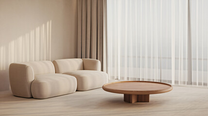 Minimalist Living Room with Cozy Beige Sofa and Wooden Coffee Table