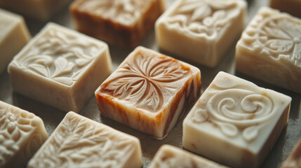 A close-up of luxury hand-crafted soap bars, each featuring exquisite marbled patterns and delicate botanical imprints, elegantly placed on a soft monochrome surface