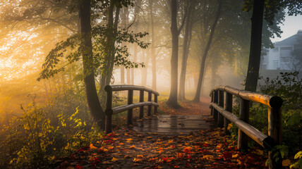 Misty Forest Bridge with Golden Sunrise and Autumn Leaves