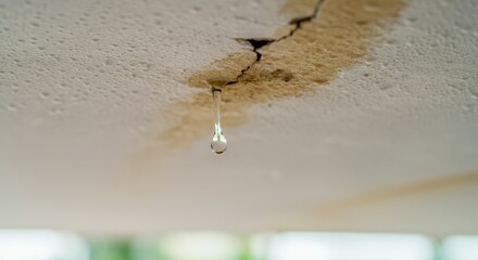 Close-up of water droplet falling from cracked and stained ceiling, indicating leak