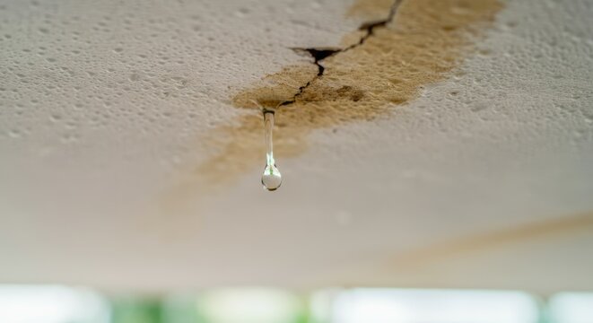 Close-up of water droplet falling from cracked and stained ceiling, indicating leak