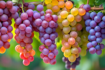 Colorful grapes hanging on a vine, showcasing various shades and ripeness under natural sunlight