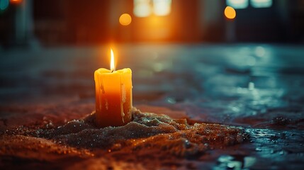 Soft glow of a candle illuminating a serene atmosphere with wax dripping around it in a quiet setting during twilight hours