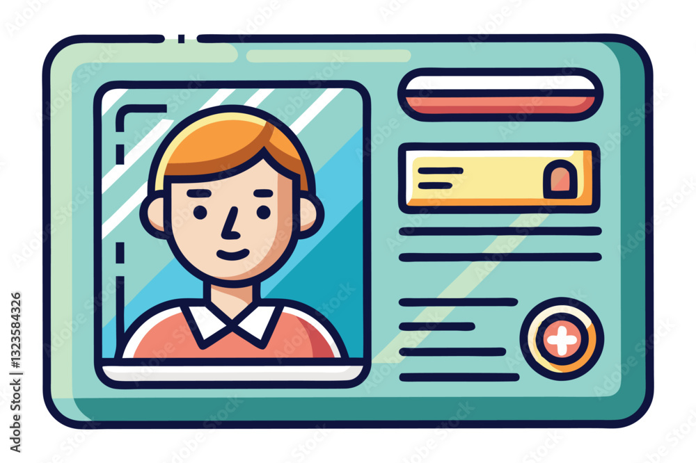 Poster Illustration of a personal identification card displaying a smiling character with basic details, including a unique number and a badge
