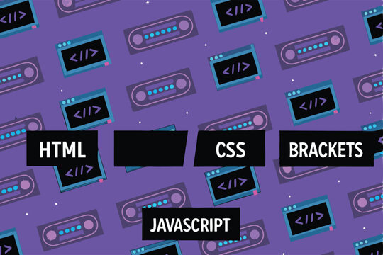 Generate a vibrant, seamless pattern featuring HTML tags, CSS brackets, and JavaScript curly braces, interwoven with bright colors.