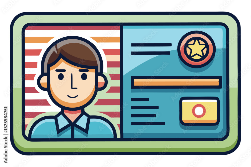 Poster Illustration of a personal identification card displaying a smiling character with basic details, including a unique number and a badge