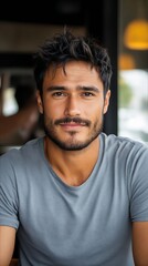Obraz premium A man with a beard sitting at a table in a restaurant