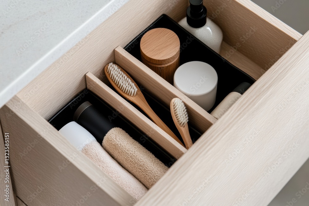 Poster minimalist nordic bathroom storage elegant wooden drawer organization with sustainable design for mo