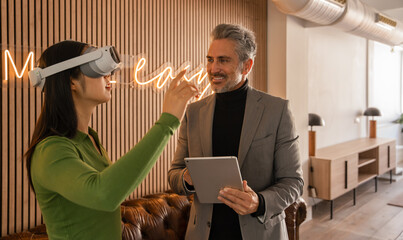 Business professionals exploring virtual reality technology