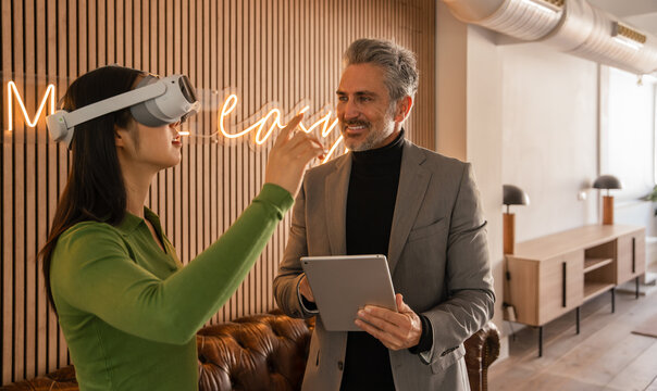 Business professionals exploring virtual reality technology