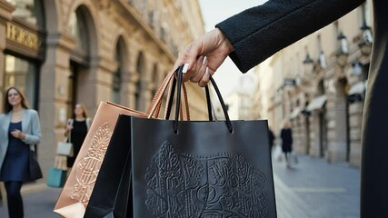 Close-up of a woman's hand holding luxury shopping bags on an elegant city street, symbolizing fashion, luxury, and high-end shopping experiences.